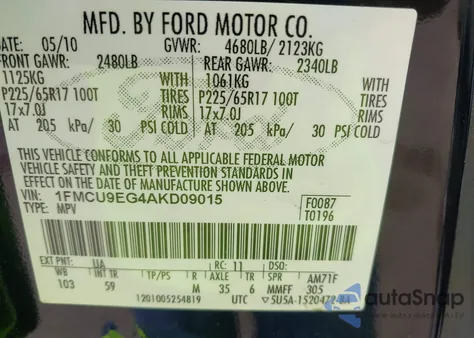 2010 Ford Escape Limited из США, поврежденный, VIN 1FMCU9EG4AKD09015